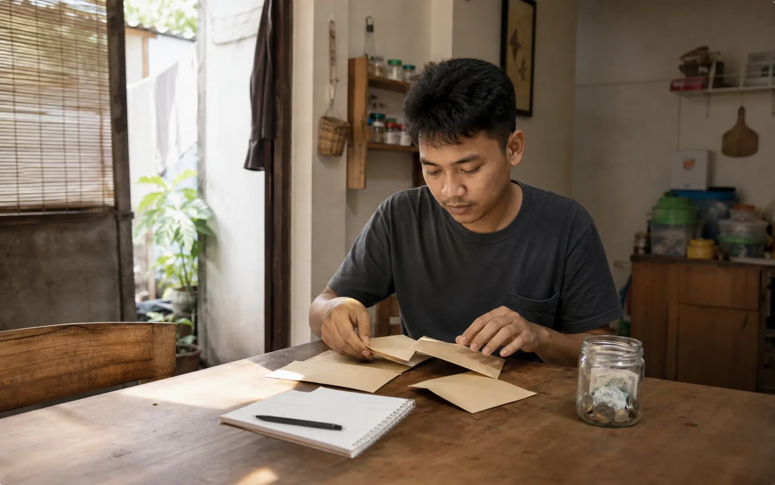 Pekerja muda menyusun amplop anggaran, buku catatan, dan tabung dana darurat di meja sederhana