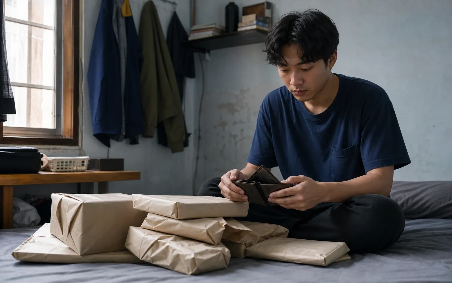 Anak muda meninjau paket belanja dan dompet kosong di kamar kos sederhana