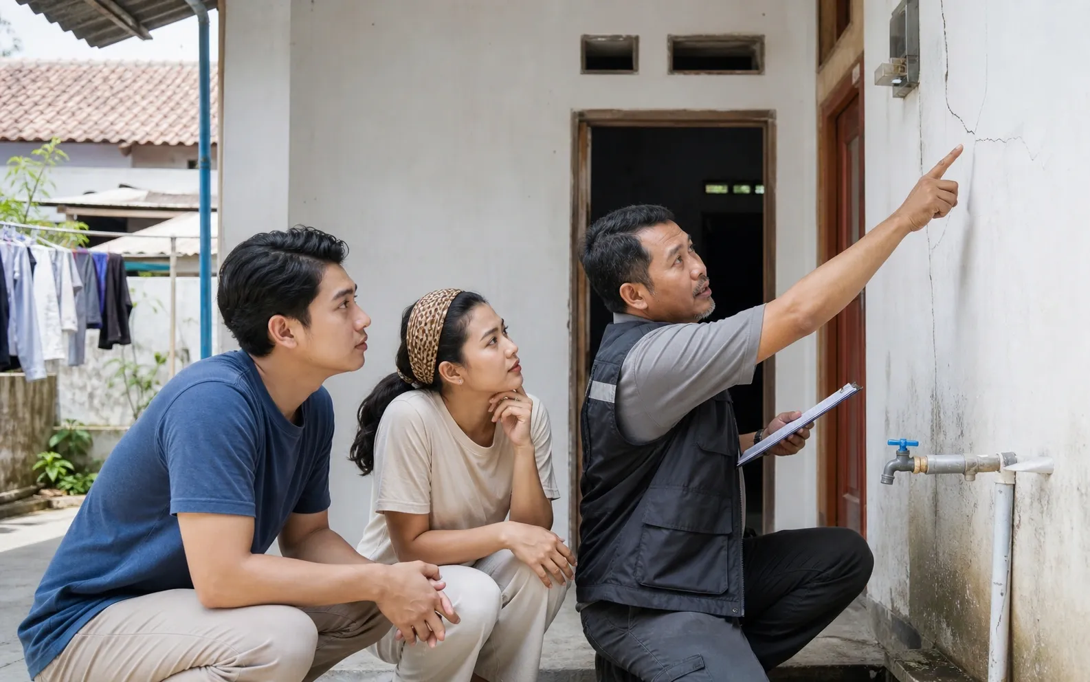 Pasangan muda dan pemeriksa bangunan memeriksa rumah kecil secara praktis