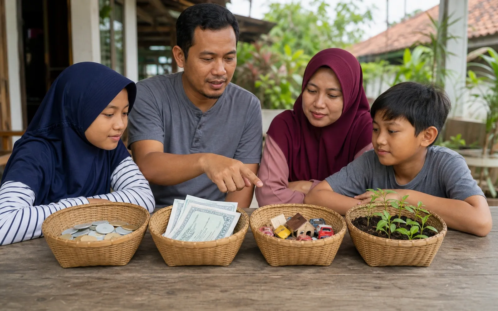 Empat keranjang berisi instrumen berbeda menggambarkan jenis reksadana