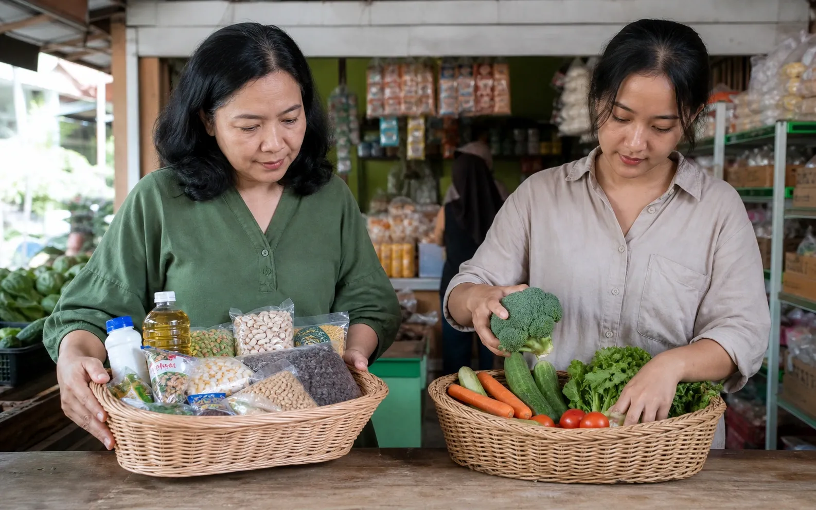 Dua keranjang belanja berbeda menggambarkan ETF dan reksadana