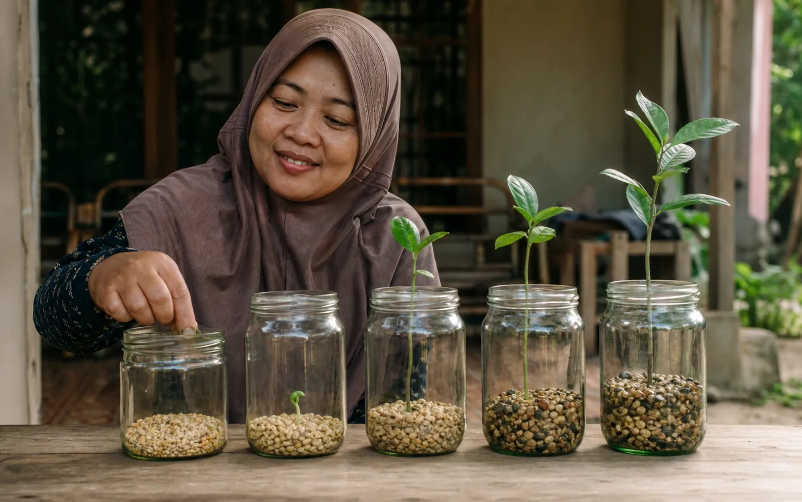 Bibit tanaman pada beberapa tahap pertumbuhan menggambarkan bunga berbunga seiring waktu