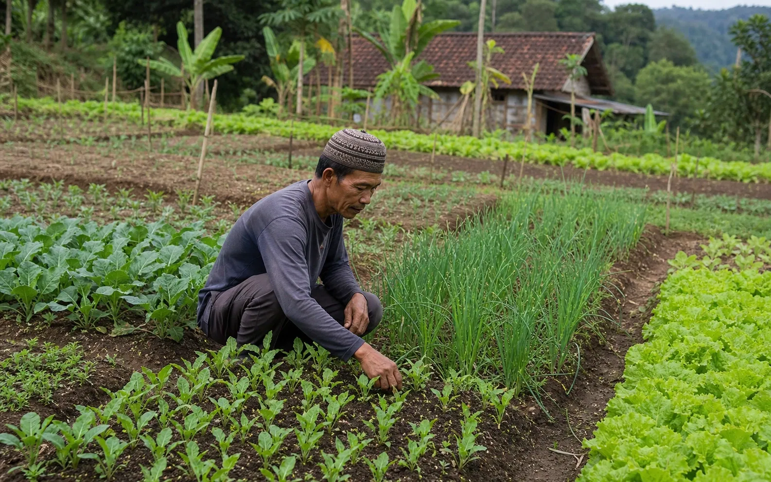 Petani kecil merawat beberapa jenis tanaman di petak yang terpisah